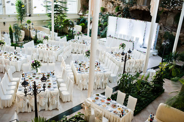 Beautiful wedding set decoration in the restaurant.