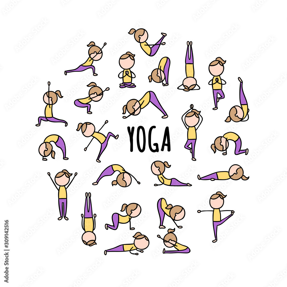 Wall mural yoga poses vector round concept. healthy lifestyle and sport hand drawn set on white background. act