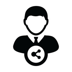 Technology icon vector male person profile avatar with share symbol in a glyph pictogram illustration