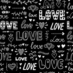 Seamless pattern with love words and lettering. Saint Valentine's Day background. Cute love doodles repeat print on black background.
