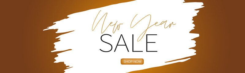 New Year sale simple banner or website header. Gold background and a brush stroke. Vector illustration.