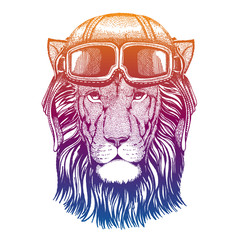 Lion. Wild animal. Vector fashion illustration for kids. Children shirt print with biker, motorcycle symbol.
