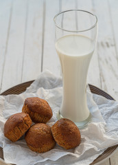Glass of milk and a plate with muffins on a white wooden table