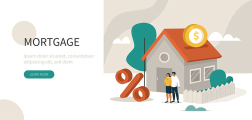 Family Buying Home with Mortgage and Paying Credit to Bank. People Invest Money in Real Estate Property. House Loan, Rent and Mortgage Concept. Flat Isometric Vector Illustration.