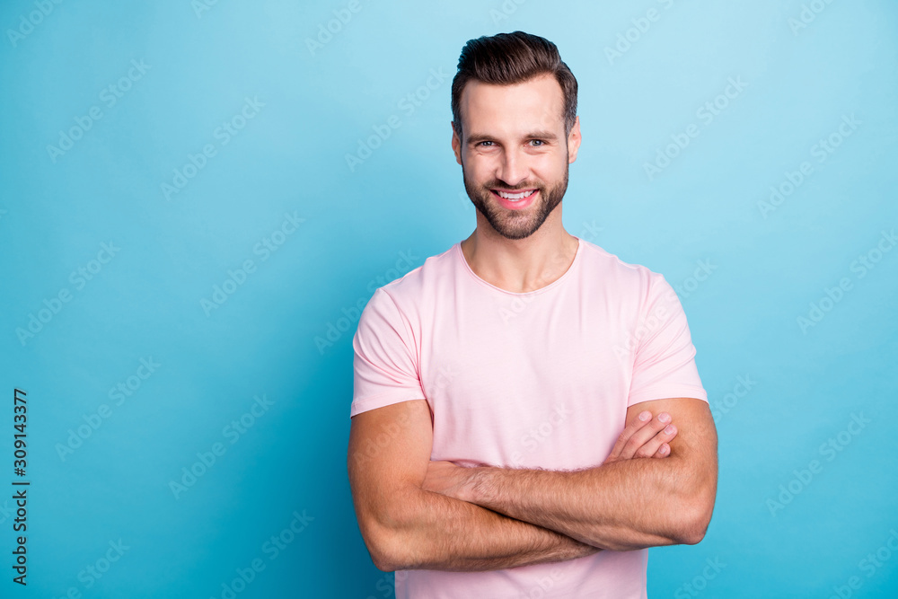 Canvas Prints Photo of self-confident business guy bossy crossed arms friendly toothy beaming smiling love his job wear casual pink t-shirt isolated blue color background