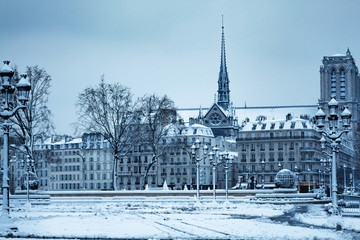Paris cite district and streets covered with snow