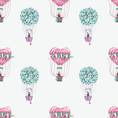 Watercolor illustration - seamless pattern with pink and mint balloons.