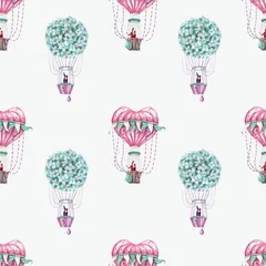 Photo sur Plexiglas Animaux avec ballon Illustration aquarelle - modèle sans couture avec des ballons roses et menthe.