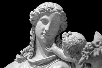 Marble head sculpture of young woman, ancient Greek goddess art bust statue isolated on black background