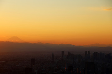 Beautiful city landscape looking view Fuji from Tokyo city in the sunrise or sundown colorful in the evening.