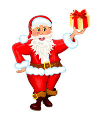 Santa Claus with a gift. Santa Claus holds a gift in his hand. Santa is isolated on a white background