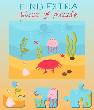 Vector illustration. Education game for preschool kids. children s education Find extra puzzle, which doesn't fit to picture. Underwater world, marine life. Jellyfish and seahorses, whale and stars.