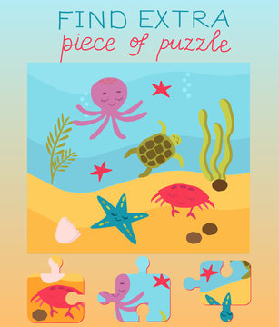 Vector Illustration. Education Game For Preschool Kids. Children S Education Find Extra Puzzle, Which Doesn't Fit To Picture. Underwater World, Marine Life. Jellyfish And Seahorses, Whale And Stars.