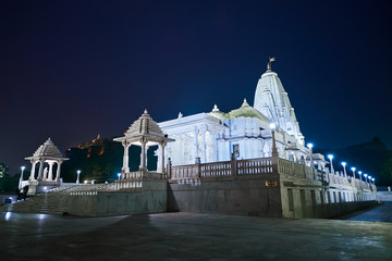 Birla Mandir - Hindu temple in Jaipur, India. White hindu temple in the night