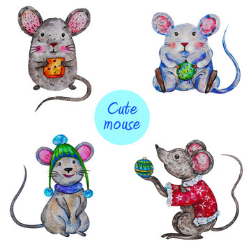 Watercolor illustration of a mouse set, a symbol of 2020 on white background. A chinese new year symbol mouse or rat of 2020. Perfect for greeting cards and prints.