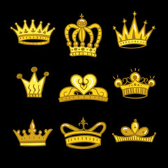 Crowns vector set on black background. Beautiful royal symbols, diadems and gold crowns. Hand drawn king and queen collection