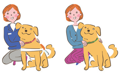 ラブラドールレドリバーと女性　訓練士　セット　イラスト