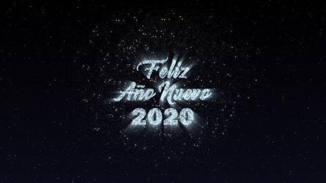 Feliz Ano Nuevo 2020 text and firework animation. Translation: Happy New Year 2020.