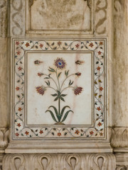 Floral ornament in a inlaid marble panel, on a wall of the Diwan-i-Khas (Hall of Private Audiences). Red Fort in Delhi
