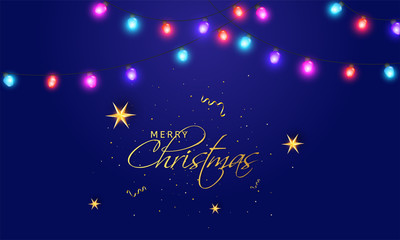 Fototapeta na wymiar Golden Merry Christmas Calligraphy Font Text with Stars and Confetti on Blue Background Decorated with Illuminated Lighting Garland.