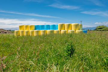 Obraz premium Hay Bales wrapped in colourful polythene plastic look like marsh mellows