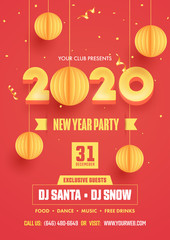 New Year Party Flyer Design with 3D Yellow 2020 Text and Hanging Paper Cut Baubles Decorated on Red Background.