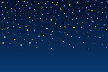 Gold, Blue stars, sprocket, shiny confetti on blue gradient background. Falling stars effect. New Year Christmas background