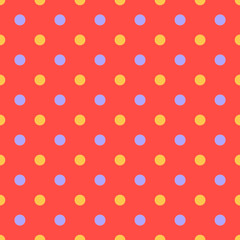 Seamless pattern, red texture or background with orange and blue polka dots on red background