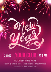 New Year EVE Template or Flyer Design with Event Details and Fireworks on Pink Background.