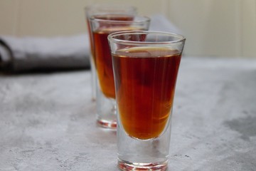 Cognac in glasses. Shots. Alcohol. Bar. The drinks. Whiskey