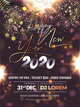 Happy New Year 2020 Celebration Flyer Design with Party Popper Falling Glitter on Brown Bokeh Lighting Effect Background.