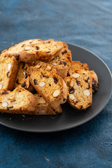 Biscotti with almond, walnuts and cranberry. Delicious cantucci cookies.