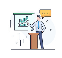 Business coach at the blackboard. Training Business School. Cartoon character - cute businessman. Stock vector illustration in flat design. Line icon illustration