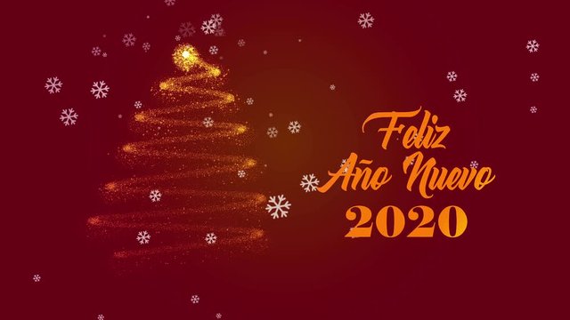 Feliz Ano Nuevo 2020 postcard animation in after effects. Animated text and tree with snow on red background. Translation: Happy New Year 2020.