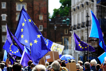 EU flags flying high in London during an anti-Brexit rally