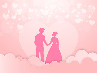 Beautiful Love Greeting Card Design, Silhouette of Romantic Couple Character on Pink Paper Cut Cloudy and Hearts Background.