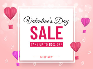 Valentine's Day Sale Banner Design with 50% Discount Offer, Paper Cut Hot Air Balloons and Hearts Decorated on Pink Background.