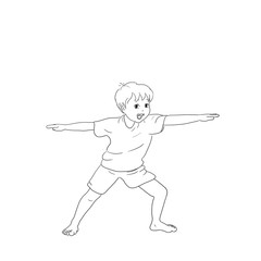 Kids Yoga - Joga für Kinder, Asana Krieger oder Held, horizontal Banner Design Concept Cartoon. Junge barfuß in Yoga Haltung, macht fröhliches Gesicht. Yogi Logo auf Hintergrund in weiß.