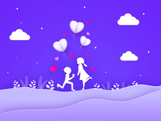 White Silhouette of Cute Boy Proposing Girl and Origami Heart Shaped Balloons and Clouds on Purple Paper Cut Wavy Background.