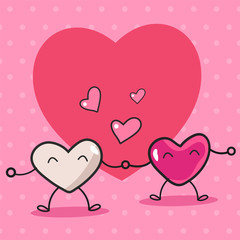 Cute Hearts Couple on Pink Polka Dots Background with Space for your Message.