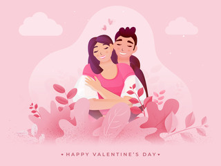 Loving Couple Character Sitting on Pink Nature View Background for Happy Valentine's Day Celebration.