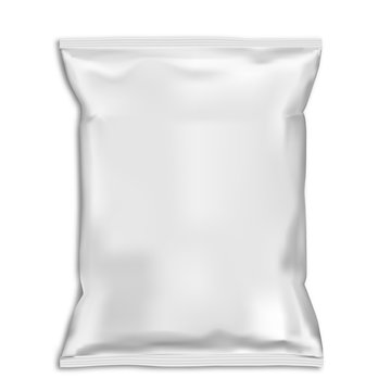 Snack bag pillow pouch mock up. White food pack blank. Foil sachet vector template isolated on backaground. Plastic polythene closed 3d container ready for advertising. Potato chip packet