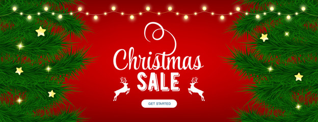 Fototapeta na wymiar Christmas sale red banner in beautiful style. Vector label tag. Vector business. Red background. Christmas celebration. Banner template. Season sale vector label. Fir and light.