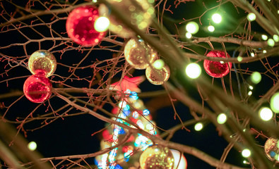 Christmas toys on the branches of a tree. Christmas background, blurred image.