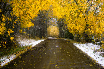 Obraz premium An autumn dirt road with snowy sides in Finland 