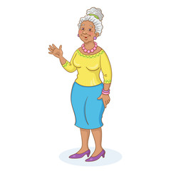 Portrait of a cute afro american old lady. Isolated on white background. In cartoon style. Vector illustration