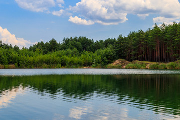 View of a beautiful lake in a pine forest at summer