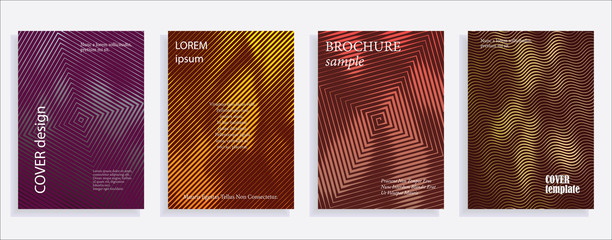 Minimalistic cover design templates. Set of layouts for covers of books, albums, notebooks, reports, magazines. Line halftone gradient effect, flat modern abstract design. Geometric mock-up texture