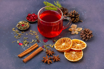 Hot spicy Christmas home made drink. Mulled wine, wine cranberry punch or Sangria with cranberries...