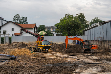 Drilling rigs for the construction of building foundations. Construction work. Drilling pile...